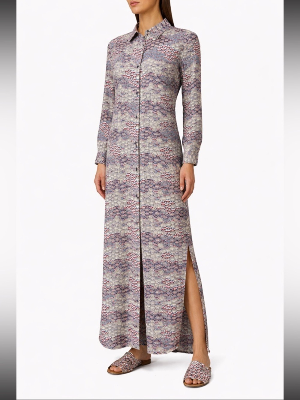 Equipment | Women's 100% Silk Brett Maxi Dress White Multi Fluttering Fan Print